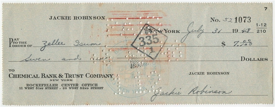 Jackie Robinson Hand Written and Signed Canceled Check Dated 7/31/48 (JSA)
